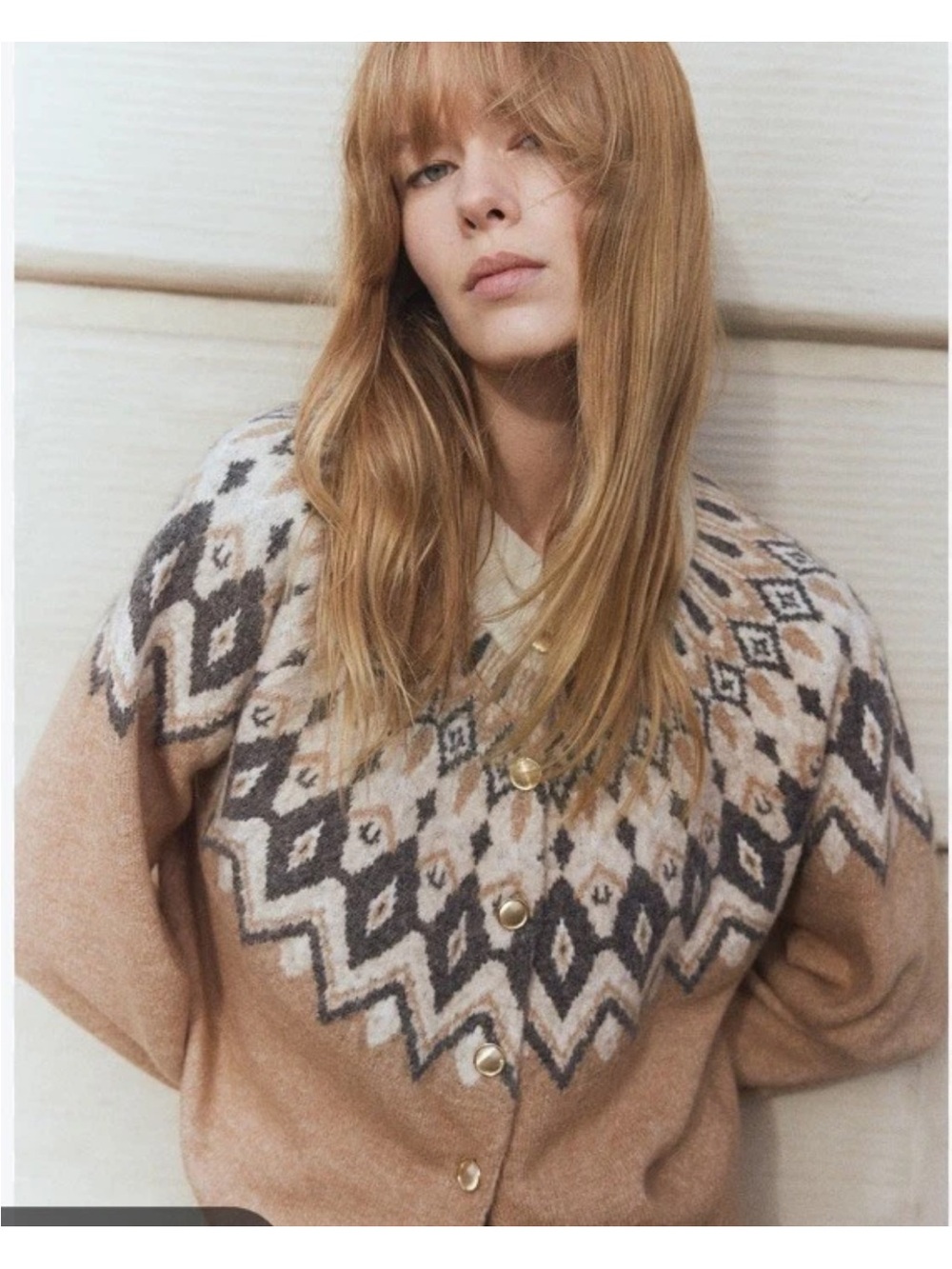 H&M Jacquard-Knit Button Front Cardigan Beige Nordic Yoke Sz.XS Wool Blend